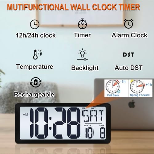 QINYUNE 15 Inch Large Rechargeable Digital LCD Wall Clock with Backlight Glow in the Dark,Night Light Wall Clock with Week,Date & Temperature,DST,Alarm Display for Living Room, Bedroom, Gift for Elderly - Image 2