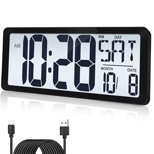 QINYUNE 15 Inch Large Rechargeable Digital LCD Wall Clock with Backlight Glow in the Dark,Night Light Wall Clock with Week,Date & Temperature,DST,Alarm Display for Living Room, Bedroom, Gift for Elderly - Image 1