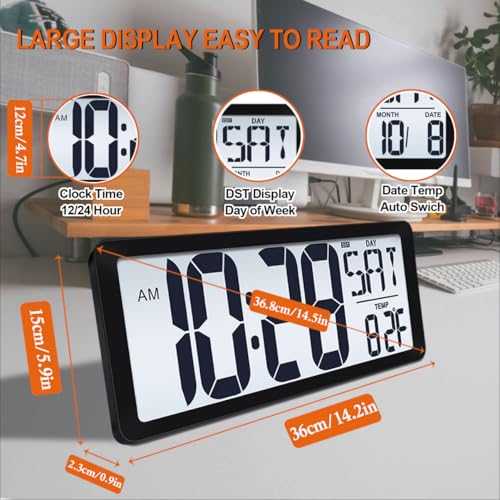 QINYUNE 15 Inch Large Rechargeable Digital LCD Wall Clock with Backlight Glow in the Dark,Night Light Wall Clock with Week,Date & Temperature,DST,Alarm Display for Living Room, Bedroom, Gift for Elderly - Image 5