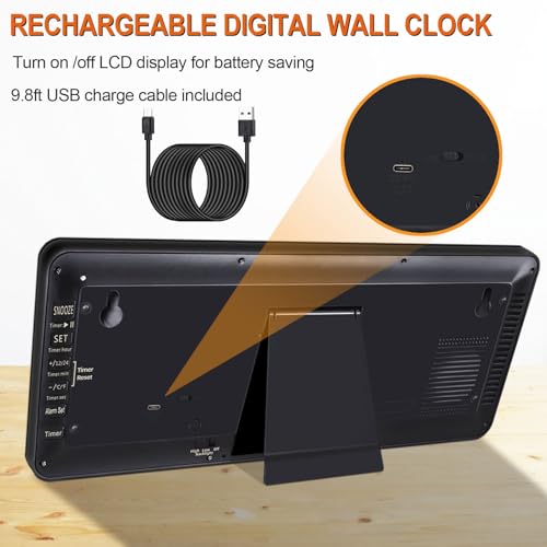 QINYUNE 15 Inch Large Rechargeable Digital LCD Wall Clock with Backlight Glow in the Dark,Night Light Wall Clock with Week,Date & Temperature,DST,Alarm Display for Living Room, Bedroom, Gift for Elderly - Image 3
