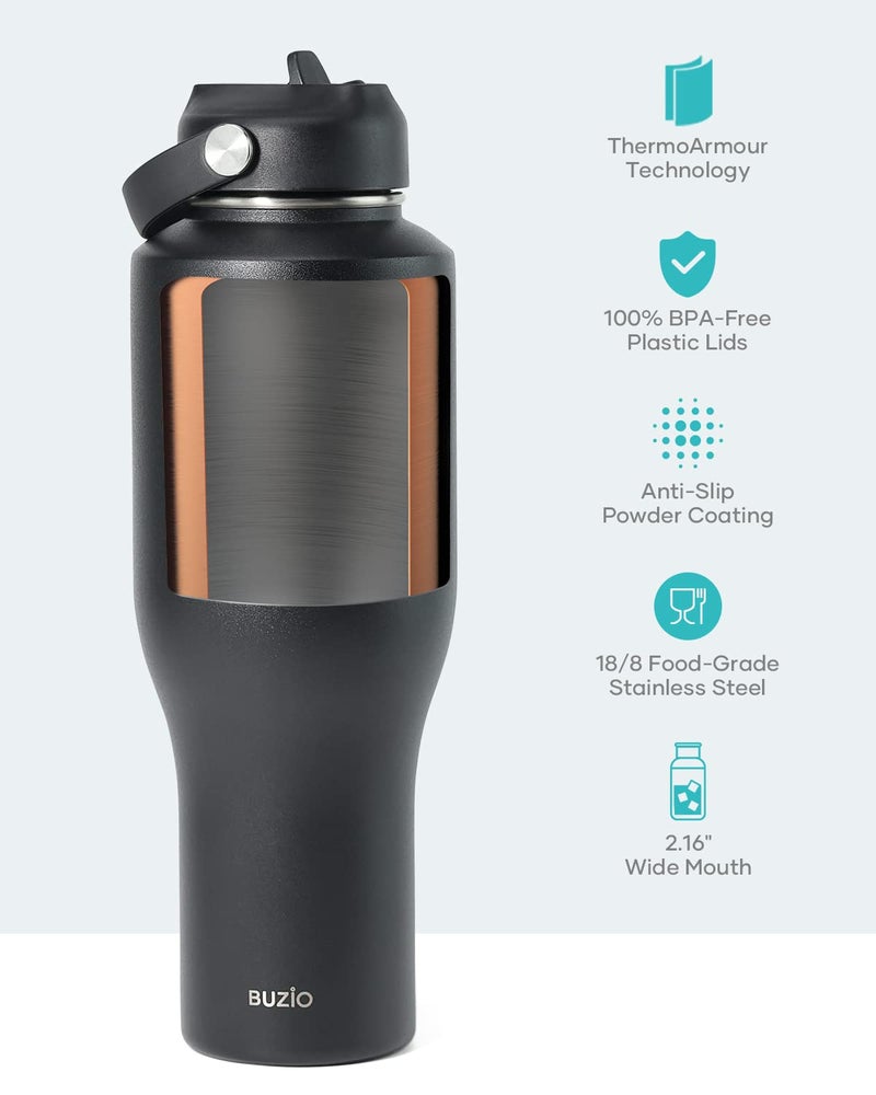 BUZIO 40oz Tumbler with Handle Straw Lid and Flex Lid, 40 oz Insulated Water Bottle Fits in Car Cup Holder, Double Wall Stainless Steel Travel Flask, Keeps Cold for 48 Hrs, Hot for 24 Hrs, Black - Image 5