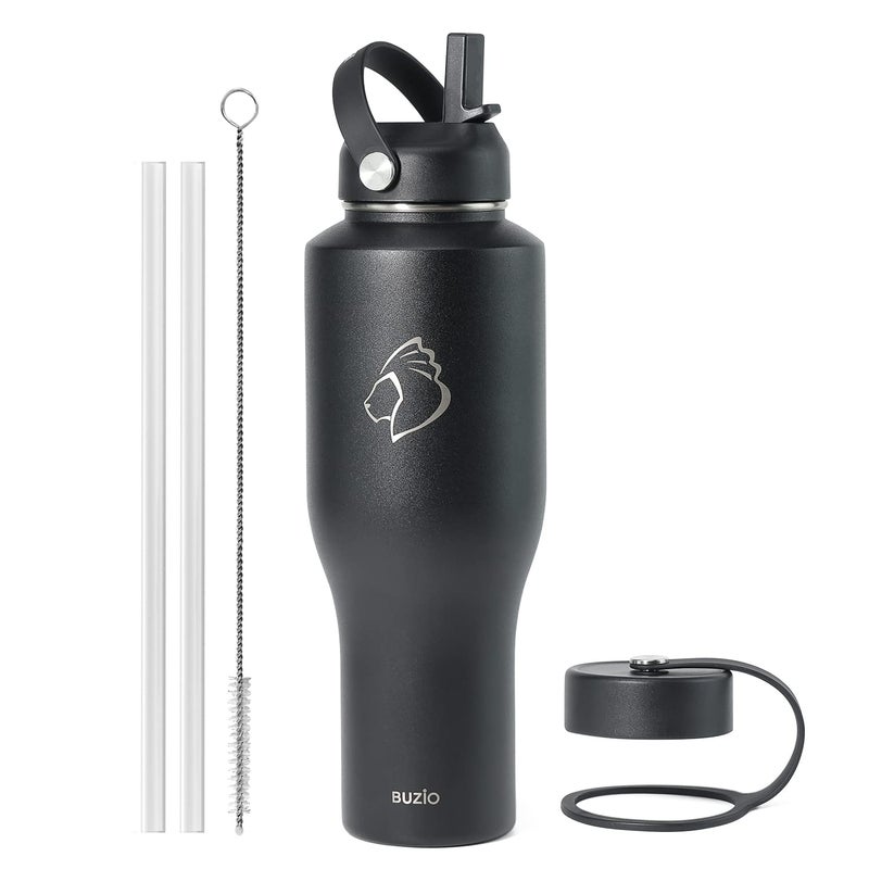 BUZIO 40oz Tumbler with Handle Straw Lid and Flex Lid, 40 oz Insulated Water Bottle Fits in Car Cup Holder, Double Wall Stainless Steel Travel Flask, Keeps Cold for 48 Hrs, Hot for 24 Hrs, Black - Image 1