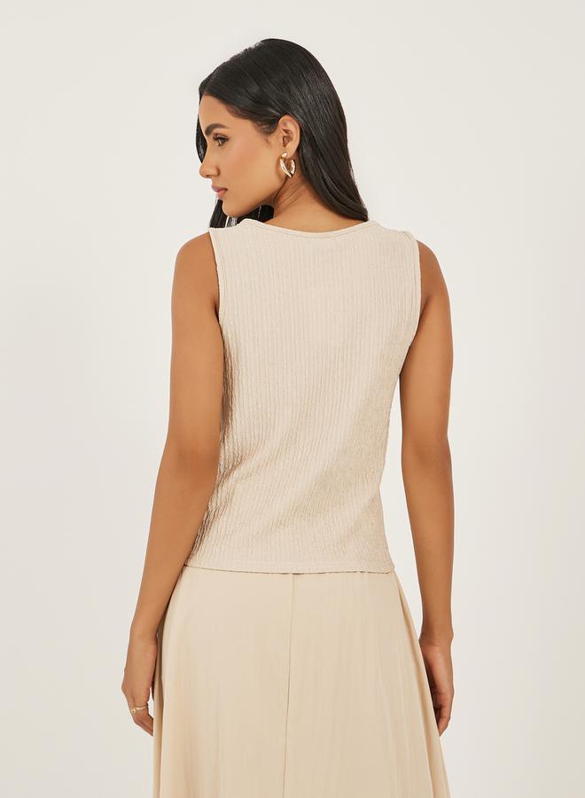 ستايلي بلوزة نسائية بيج بدون أكمام محبوكة برباط أمامي - Image 4