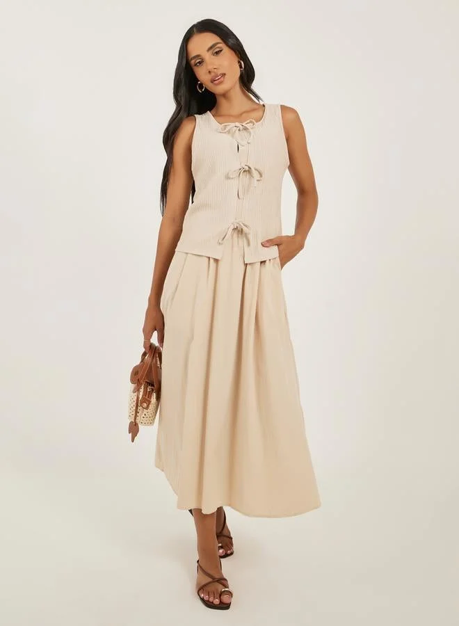 Styli Styli Women Beige Ribbed Tie Front Sleeveless Knit Top