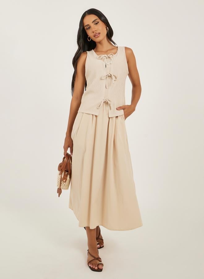 ستايلي بلوزة نسائية بيج بدون أكمام محبوكة برباط أمامي - Image 2