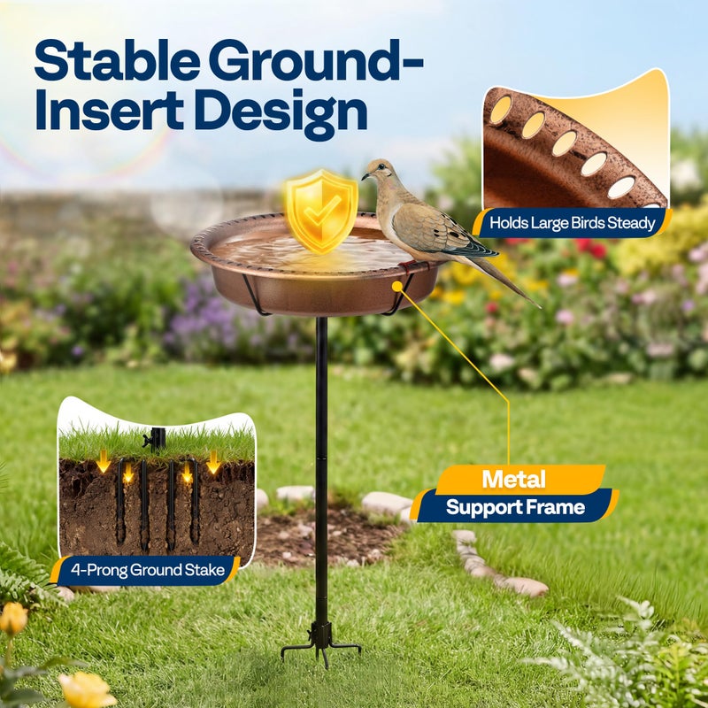 VIVOHOME Oval Bird Bath for Outside, Outdoor Birdbath Bowl with Metal Ground Stake, Weather-Resistant ABS Bird Bath and Feeder for Garden, 1.3 Gallons, Bronze - Image 5