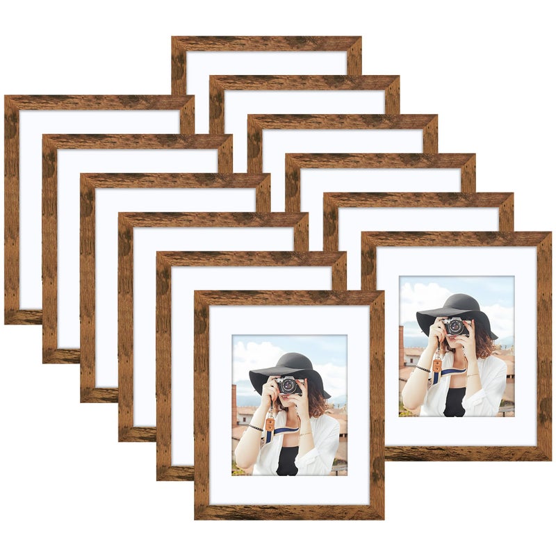 Picrit 8x10 Picture Frame Set of 12 Display 5x7 with Mat or 8x10 without Mat Photo Frames for Wall Mounting or Table Top Display Brown
