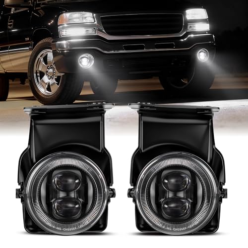 4X4FLSTC New Version LED Fog Lights Assembly Compatible with 2003-2006 GMC Sierra 1500/2500/3500 & 2007 Sierra Classic Models OEM Direct Replacement Round Fog Lamps Bumper Driving lights Black 1 Pair - Image 1