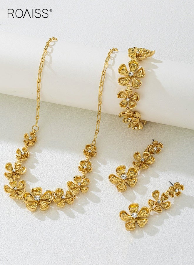 رويس مجموعة أقراط وقلادة من زهرة الماس الأنيقة للنساء، مجموعة مجوهرات ذهبية متعددة الاستخدامات على شكل زهرة، خفيفة الوزن، متألقة للعروس، هدية أنيقة يومية - Image 1