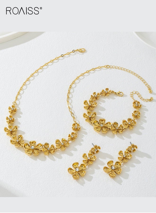 رويس مجموعة أقراط وقلادة من زهرة الماس الأنيقة للنساء، مجموعة مجوهرات ذهبية متعددة الاستخدامات على شكل زهرة، خفيفة الوزن، متألقة للعروس، هدية أنيقة يومية - Image 3