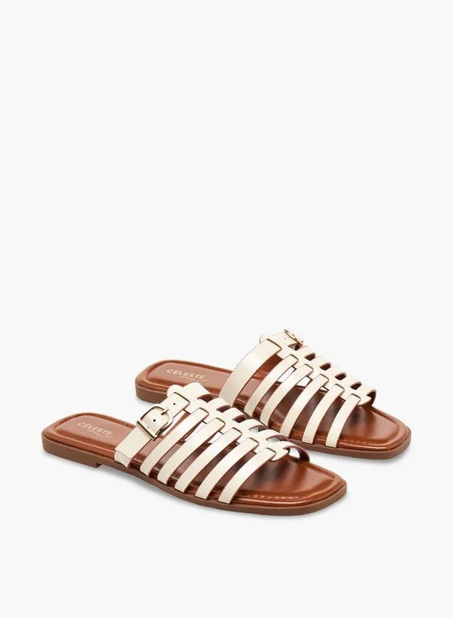 Celeste WHITE Women Slip-On Buckle Accent Sandals for Women | Best Price UAE