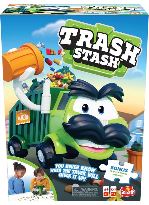 Goliath Trash Stash Game w 24pc Puzzle  Fill Trashcan Watch It Dump Into Garbage Truck Or Truck Chucks It Up  Includes 24Piece Puzzle