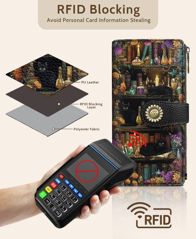 GIANCOMICS Black Cat Book Shelf Womens Wallet RFID Blocking, Witchy Credit Card Holder Bifold, PU Leather Travel Billfold, Long Cute Cash Purse, Zipper Coin Pocket Clutch, Card Slot, Ladies Gift Woman - Image 4