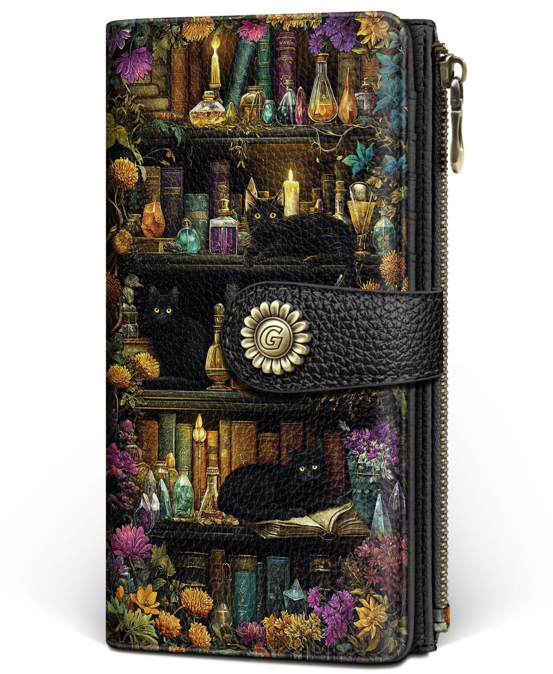 GIANCOMICS Black Cat Book Shelf Womens Wallet RFID Blocking, Witchy Credit Card Holder Bifold, PU Leather Travel Billfold, Long Cute Cash Purse, Zipper Coin Pocket Clutch, Card Slot, Ladies Gift Woman - Image 1