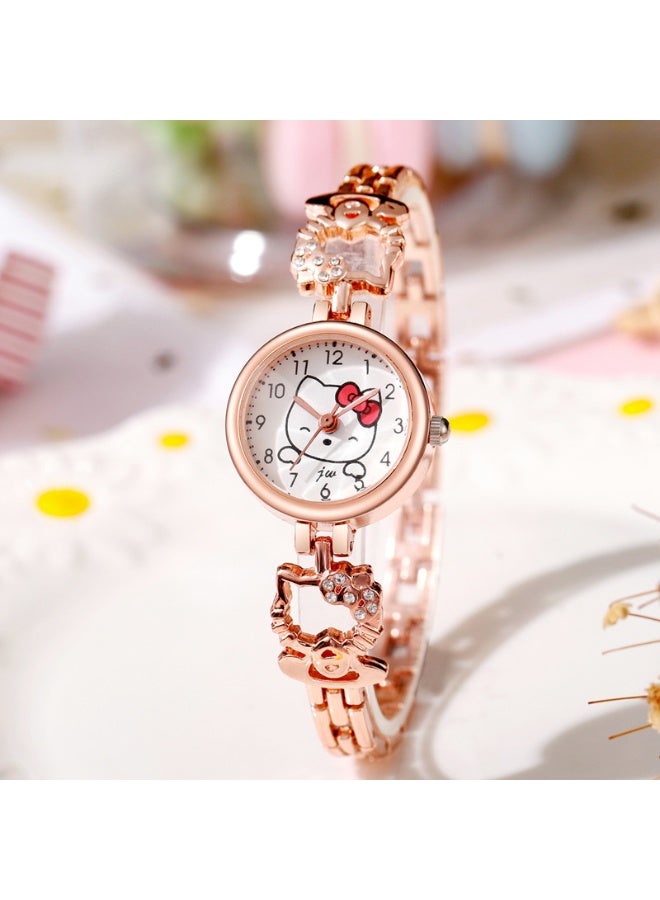 هالو كيتي ساعة 2 قطعة (ذهبي وردي و فضي) من هيلو كيتي - إطار دائري برسومات هيلو كيتي، سوار معدني 18 سم، مقاومة للماء للبنات والمراهقين والهدايا - Image 3