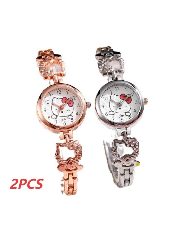 هالو كيتي ساعة 2 قطعة (ذهبي وردي و فضي) من هيلو كيتي - إطار دائري برسومات هيلو كيتي، سوار معدني 18 سم، مقاومة للماء للبنات والمراهقين والهدايا - Image 1