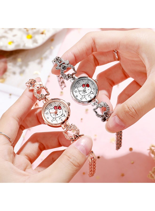 هالو كيتي ساعة 2 قطعة (ذهبي وردي و فضي) من هيلو كيتي - إطار دائري برسومات هيلو كيتي، سوار معدني 18 سم، مقاومة للماء للبنات والمراهقين والهدايا - Image 2