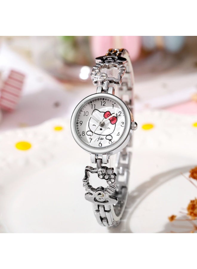 هالو كيتي ساعة 2 قطعة (ذهبي وردي و فضي) من هيلو كيتي - إطار دائري برسومات هيلو كيتي، سوار معدني 18 سم، مقاومة للماء للبنات والمراهقين والهدايا - Image 4