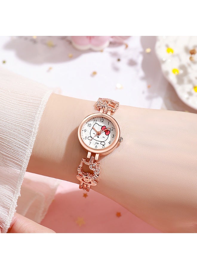 هالو كيتي ساعة 2 قطعة (ذهبي وردي و فضي) من هيلو كيتي - إطار دائري برسومات هيلو كيتي، سوار معدني 18 سم، مقاومة للماء للبنات والمراهقين والهدايا - Image 5