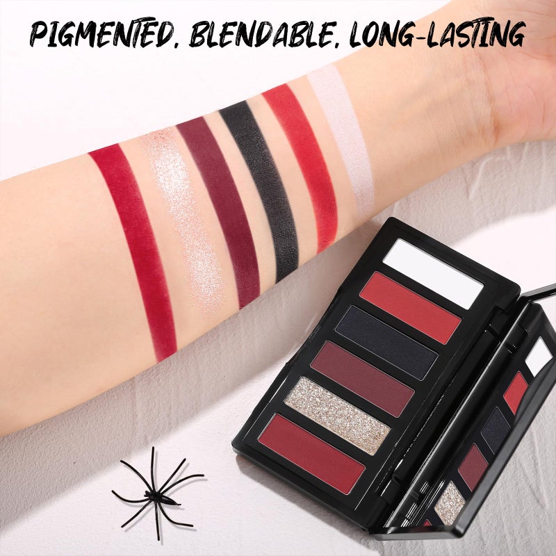 SUSIKEKI Red Eyeshadow Palette with Mirror Sliver Red Black Tones Matte Shimmer 6 Colors Mini Eye Shadow Pallet Travel Size Highly Pigmented for Joker Vampire Clown Goth Halloween Christmas Makeup - Image 3