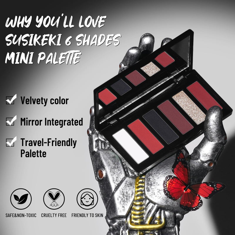 SUSIKEKI Red Eyeshadow Palette with Mirror Sliver Red Black Tones Matte Shimmer 6 Colors Mini Eye Shadow Pallet Travel Size Highly Pigmented for Joker Vampire Clown Goth Halloween Christmas Makeup - Image 2