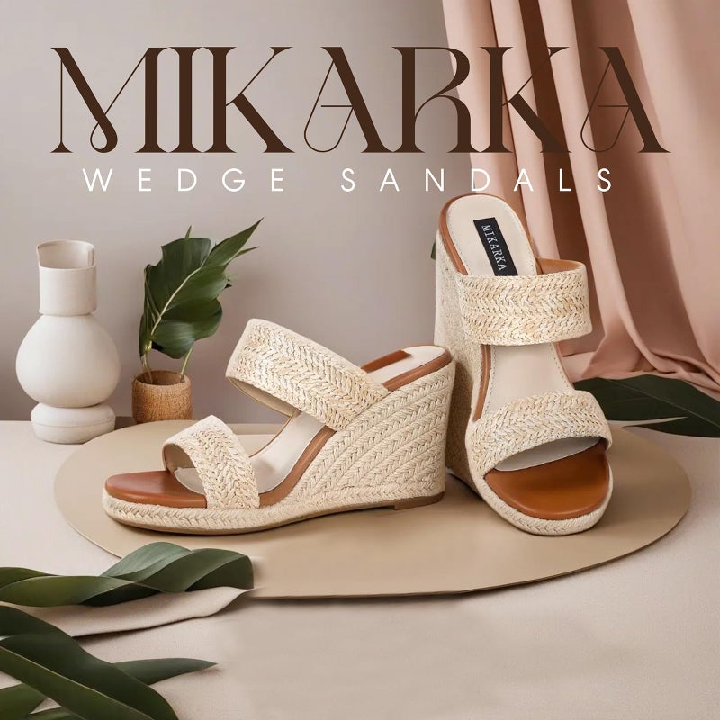mikarka Slip On Wedge Sandals for Women Open Toe Espadrilles Platform Slides Dressy High Heel Beach Summer Sandal Comfortable Wedges Shoe Mules Natural Raffia US Size 10 - Image 3