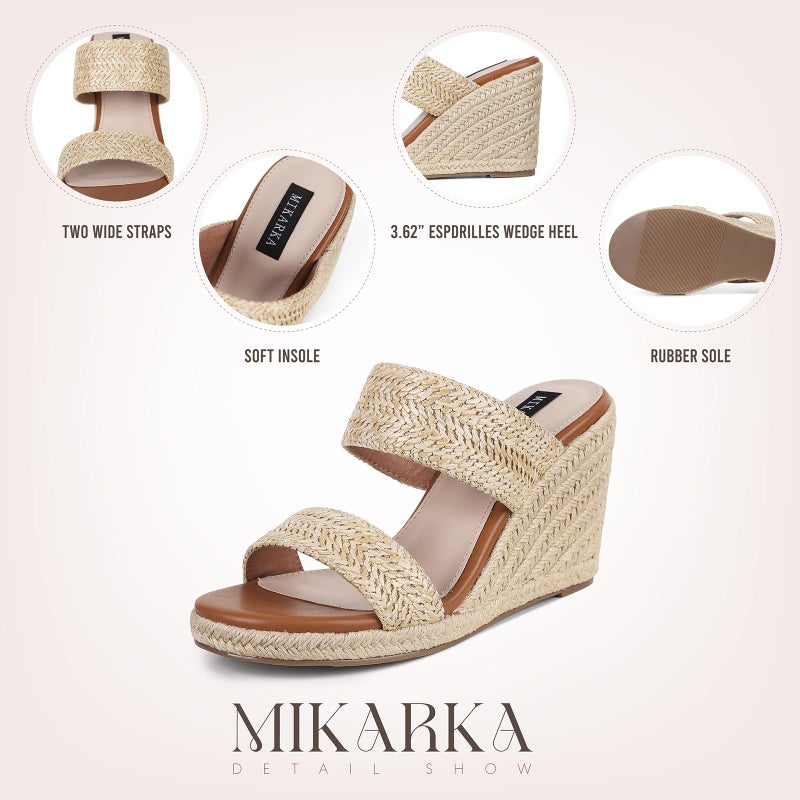 mikarka Slip On Wedge Sandals for Women Open Toe Espadrilles Platform Slides Dressy High Heel Beach Summer Sandal Comfortable Wedges Shoe Mules Natural Raffia US Size 10 - Image 5