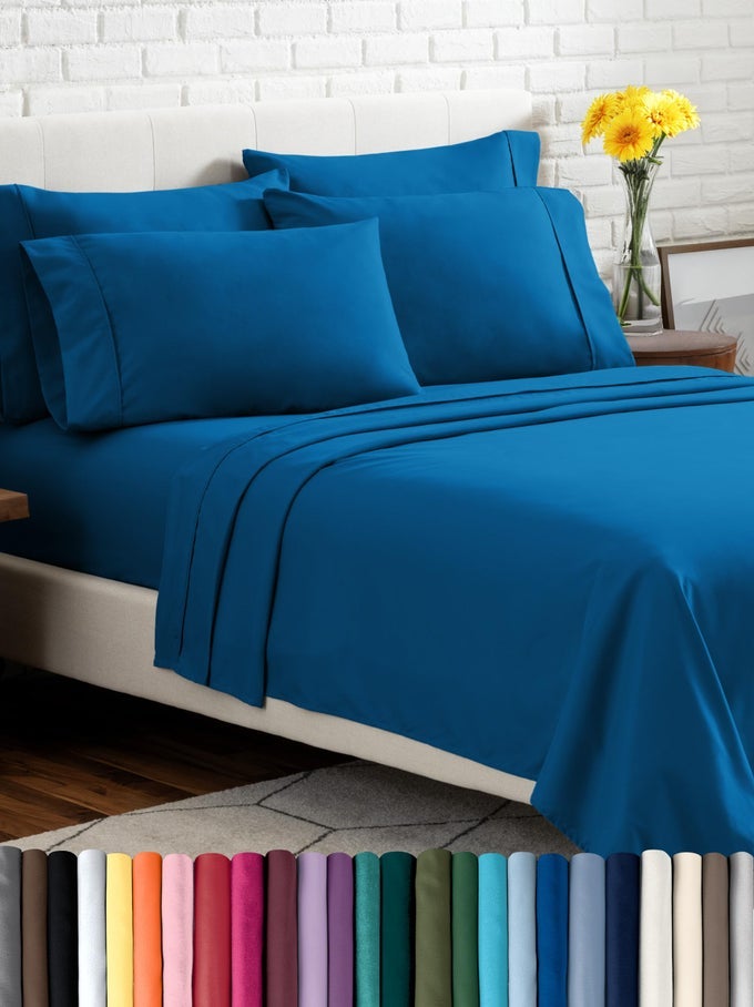 HOTEL LUXURY TWIN XL SHEET SET EXTRA SOFT 4 PIECE SET DEEP POCKETS EASY FIT COOLING BREATHABLE WRINKLE FADE STAIN RESISTANT INCLUDES 2 PILLOWCASES TWIN XL MEDIUM BLUE