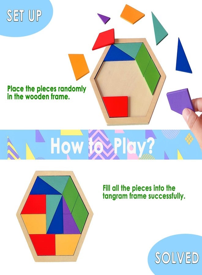 KINGOU Wooden Hexagon Puzzle Tangram for Kids and Adults, 12 Large Pieces Montessori Geometric Shape Brain Teasers, STEM Logic Game Learning Toy, Creative Desktop Coffee Table Travel Puzzle Gift - Image 3