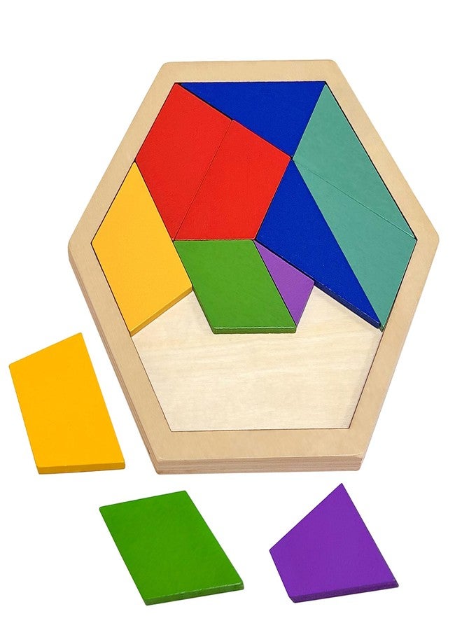 KINGOU Wooden Hexagon Puzzle Tangram for Kids and Adults, 12 Large Pieces Montessori Geometric Shape Brain Teasers, STEM Logic Game Learning Toy, Creative Desktop Coffee Table Travel Puzzle Gift - Image 1