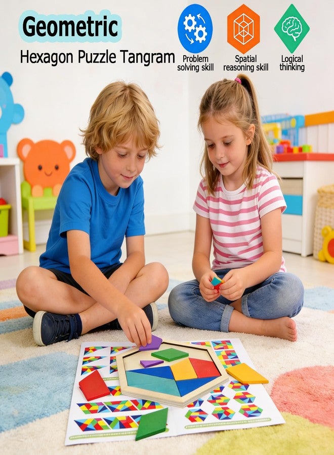 KINGOU Wooden Hexagon Puzzle Tangram for Kids and Adults, 12 Large Pieces Montessori Geometric Shape Brain Teasers, STEM Logic Game Learning Toy, Creative Desktop Coffee Table Travel Puzzle Gift - Image 2