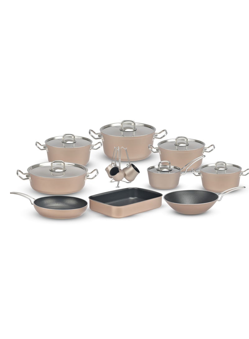 لاينس طقم حلل جرانيت تركي لاينز Lines – طقم 19 قطعة – مقاسات 18/20/24/28 + طاسة 26 + ووك 28 + كسرولة 16 + صينية فرن 34.5 سم + 4 كنكات ستاند – غطاء ستانلس – 7 ألوان لون schafer coffee - Image 1