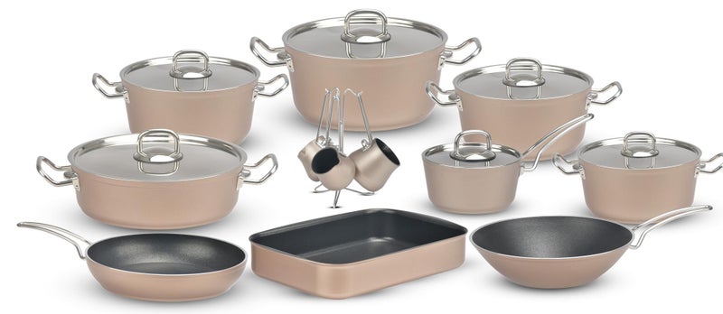 لاينس طقم حلل جرانيت تركي لاينز Lines – طقم 19 قطعة – مقاسات 18/20/24/28 + طاسة 26 + ووك 28 + كسرولة 16 + صينية فرن 34.5 سم + 4 كنكات ستاند – غطاء ستانلس – 7 ألوان لون schafer coffee - Image 1