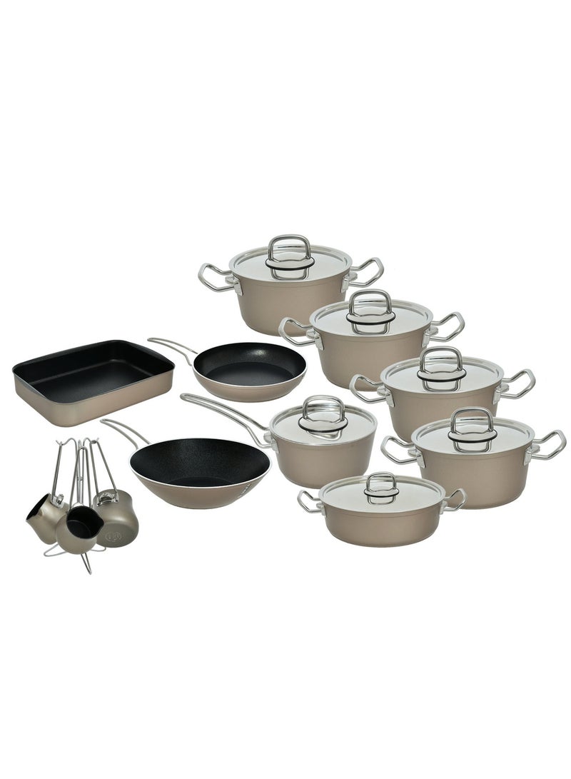 lines 19 Piece Lines Turkish Granite Cookware Set – Pots 18/20/24/28 CM + Fry Pan 28 CM + Wok 28 CM + Saucepan 16 CM + 34.5 CM Oven Tray + 4 Coffee Pots with Stand – Stainless Steel Lid – 7 Colors schafer coffee color - Image 1