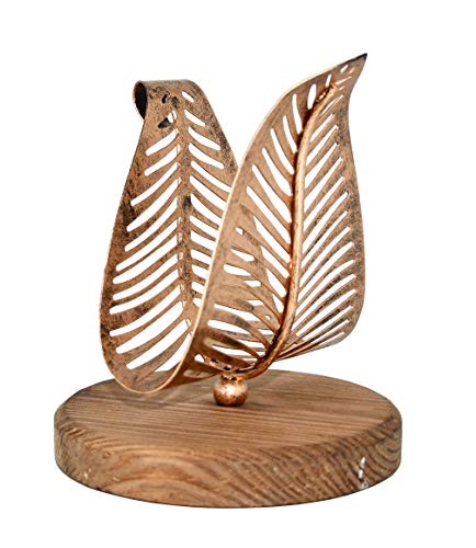 OwlGift Freestanding Modern Napkin Holder w/Bronze Metal Leaf & Brown Wooden Base Design, Tabletop Tissue Dispenser, Napkin Storage Organizer - Image 1
