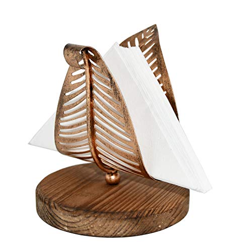 OwlGift Freestanding Modern Napkin Holder w/Bronze Metal Leaf & Brown Wooden Base Design, Tabletop Tissue Dispenser, Napkin Storage Organizer - Image 3
