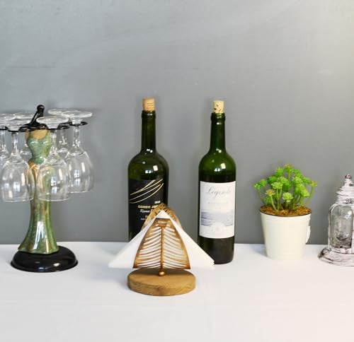 OwlGift Freestanding Modern Napkin Holder w/Bronze Metal Leaf & Brown Wooden Base Design, Tabletop Tissue Dispenser, Napkin Storage Organizer - Image 4