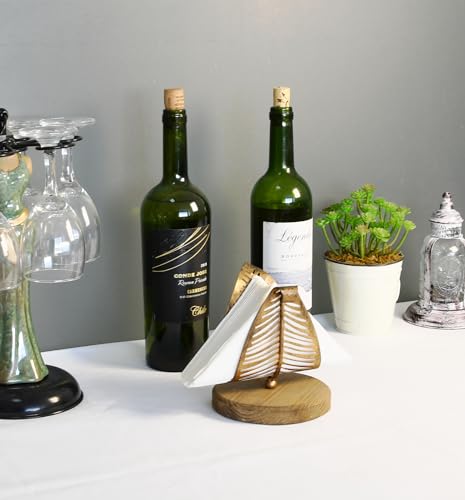 OwlGift Freestanding Modern Napkin Holder w/Bronze Metal Leaf & Brown Wooden Base Design, Tabletop Tissue Dispenser, Napkin Storage Organizer - Image 2