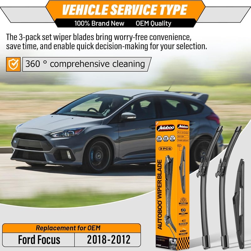 AUTOBOO 28"+28" Windshield Wipers with 12 Inch Rear Wiper Blade Replacement for Ford Focus 2012 2013 2014 2015 2016 2017 2018 -Original Factory Quality (Pack of 3) - Image 2