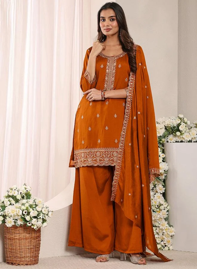 Libas Rust Embroidered Silk Blend Straight Kurta, Palazzo And Dupatta Set
