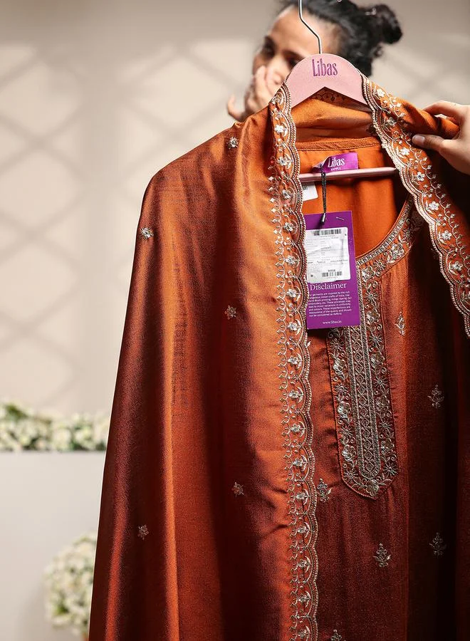 Libas Rust Embroidered Silk Blend Straight Kurta, Palazzo And Dupatta Set