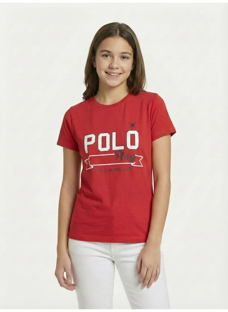 لعب البولو تيشيرت نسائي برسومات - أحمر