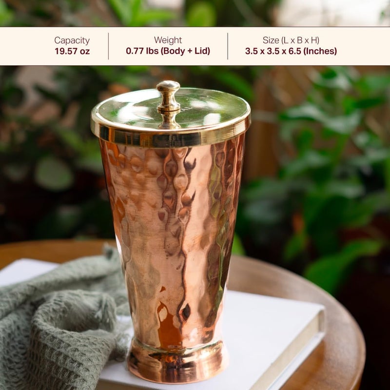 P-TAL Tumbler with Lid Serving Copper Glass with Brass Lid Tamba Glass with Ayurvedic Health Benefits Ptal Brass and Copper Utensils (600 ml Tumbler Glass) - Image 3