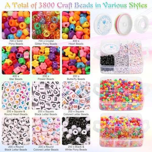 shynek 3800 Pony Beads: Bulk for Bracelets, Hair Braids & Craft - Colorful Plastic, Kandi, Star & Letter Beads for Jewelry Making - Image 2