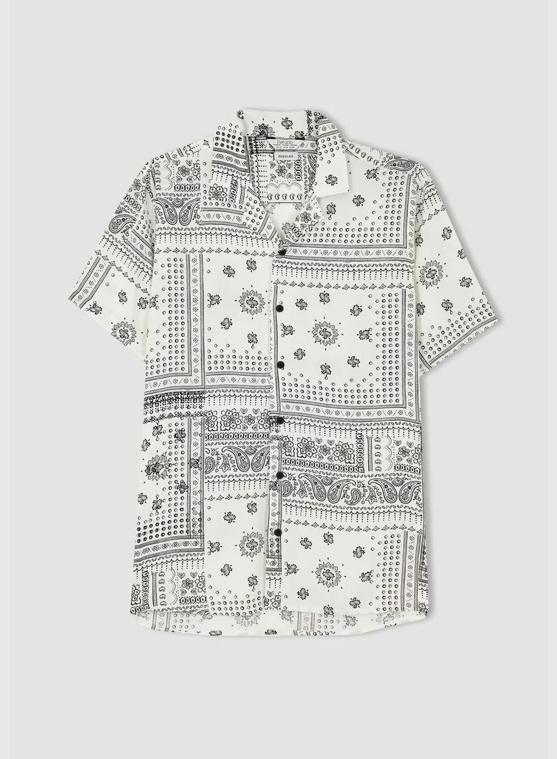 DeFacto Regular Fit Short Sleeve Ethnic Print Viscose Shirt