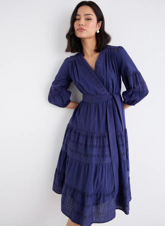 Styli Styli Schiffli Wrap Balloon Sleeve Midi Dress