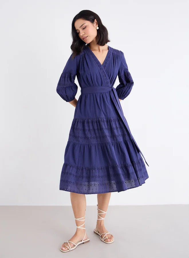 Styli Styli Schiffli Wrap Balloon Sleeve Midi Dress