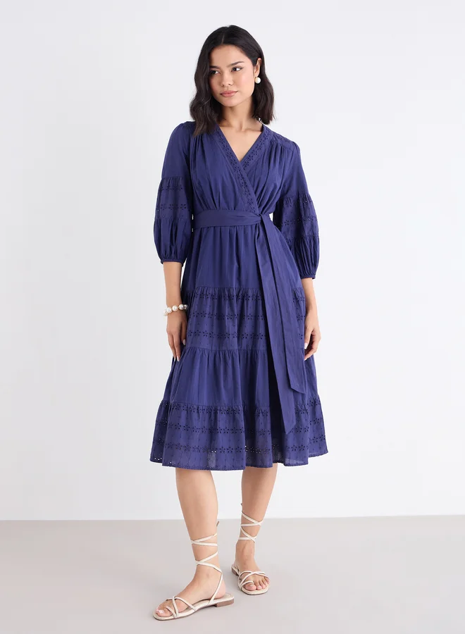 Styli Styli Schiffli Wrap Balloon Sleeve Midi Dress