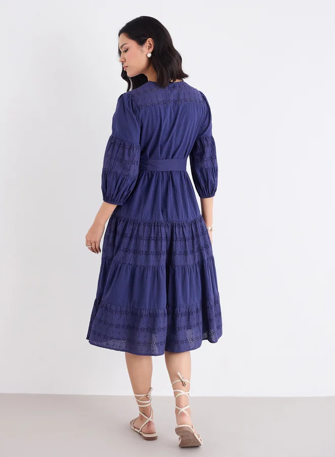 Styli Styli Schiffli Wrap Balloon Sleeve Midi Dress