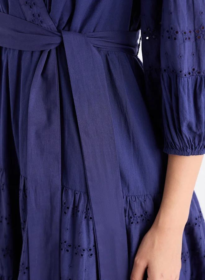 Styli Styli Schiffli Wrap Balloon Sleeve Midi Dress